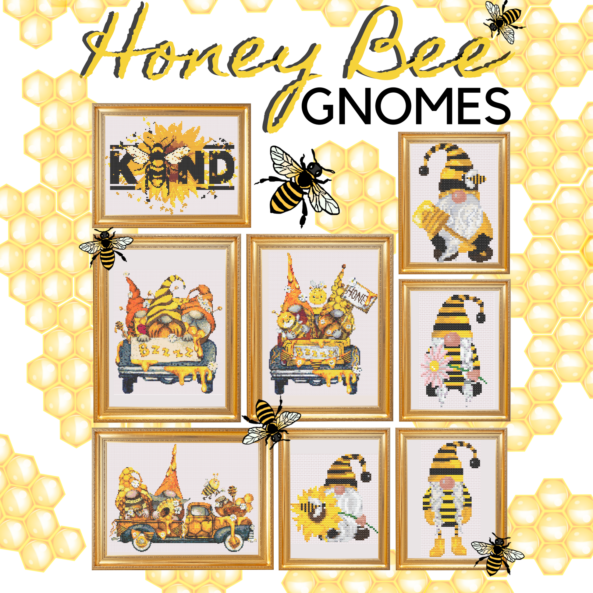 A wonderful collection of Honey Bee Gnomes Counted Cross Stitch Patterns.  Easy to read needlepoint charts, perfect for all experience levels. Great designs for spring and summer stitching.